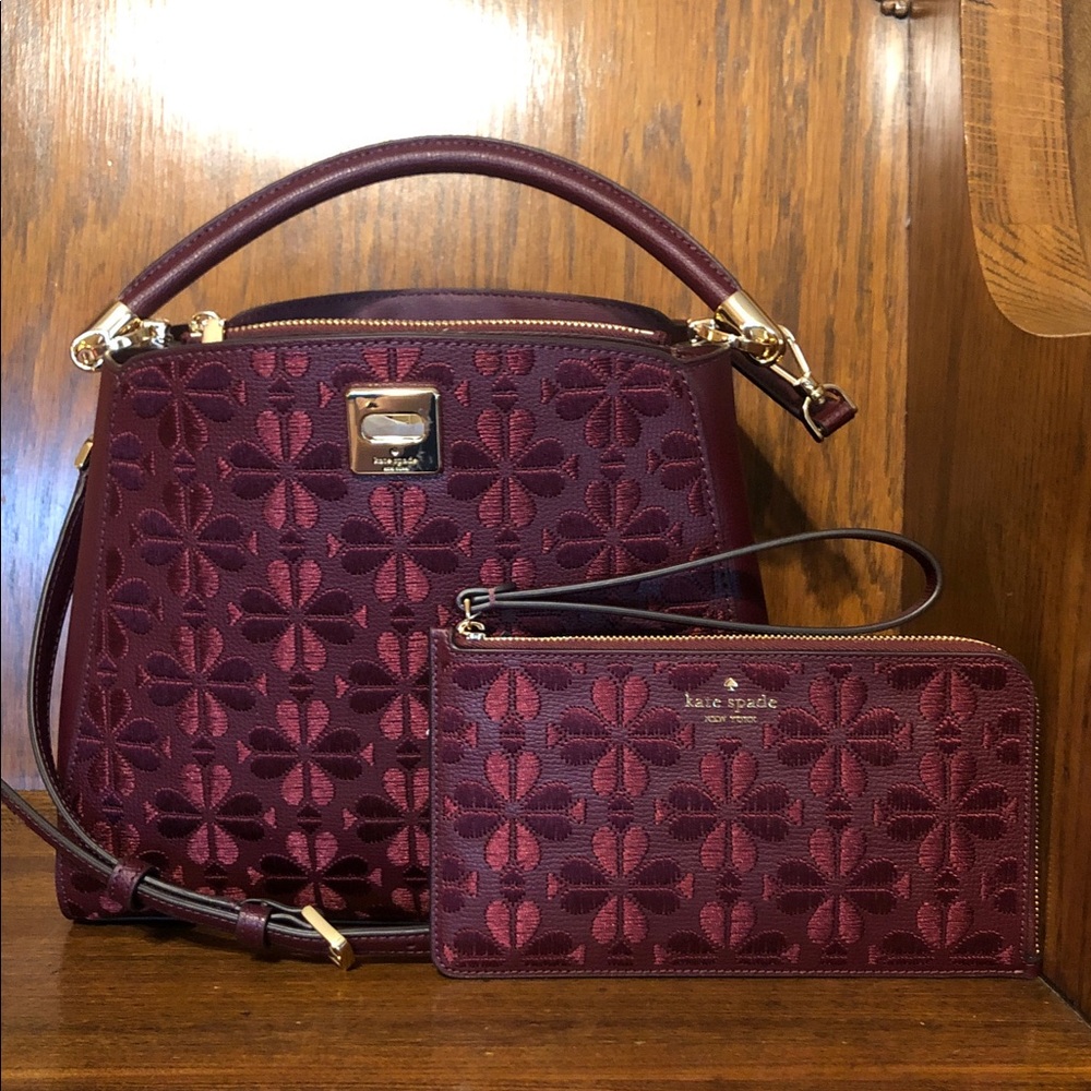 NWT-Kate Spade-SET-Med Top Handle Bag &Wristlet-SpadeFlower Embroidery-Dk Merlot